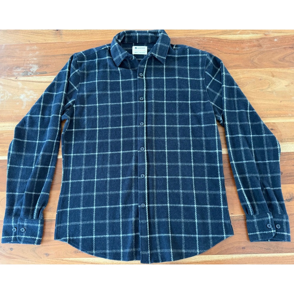 Sperry Mens Flannel Shirt Navy Blue White Windowpane Plaid Stretch Size M